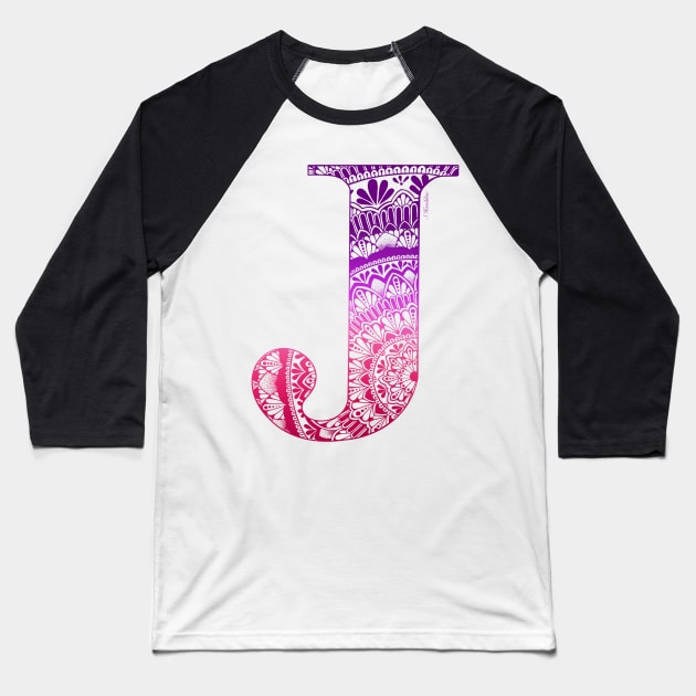 Mandala Letter Capital J Pink Baseball T-Shirt by Shaseldine